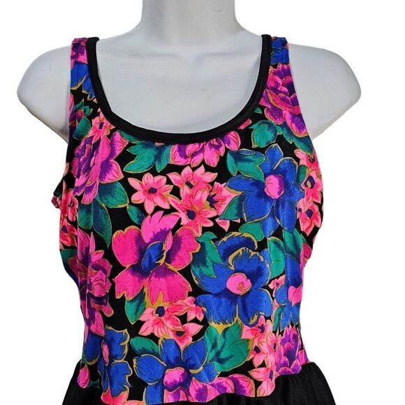 Vintage 80s Swimsuit Skirted One Piece Womens Size M Black Floral Pink Purple - Picture 3 of 7